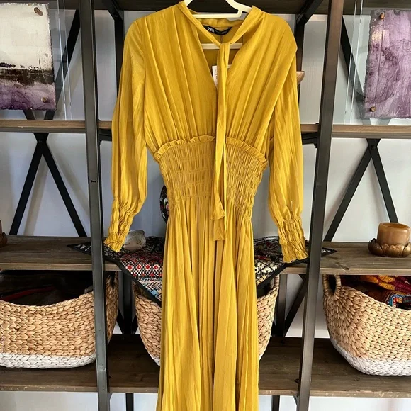 Zara | Dresses | Golden Zara Maxi Dress With Ruched Waist | Poshmark